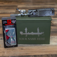 Fishing Combo Gift Set - Spincast Pocket Combo, Tackle Box and Personalized Laser Engraved Used Fat 50 Cal Ammo Can - ATOM Promotions