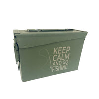 Laser Engraved - KEEP CALM AND GO FISHING - Used Grade 1 Ammo Cans with or w/o Lock Kit - Choose from 30cal, 50 Cal or FAT 50 Cal - ATOM Promotions