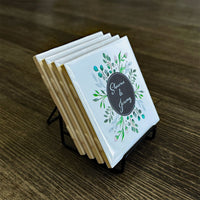 Personalized Images UV Printed on 4 Ceramic Tile Coasters with Metal Easel Stand - ATOM Promotions