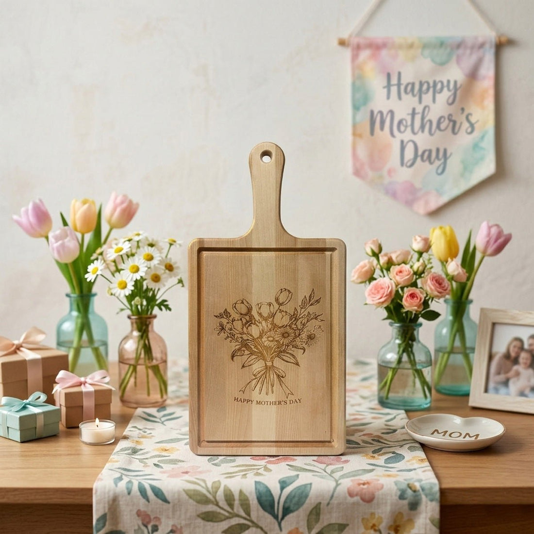 Laser Engraved Double Sided Maple Cutting Boards - 10”x20”x.75” - "Happy Mothers Day" Flowers! 
