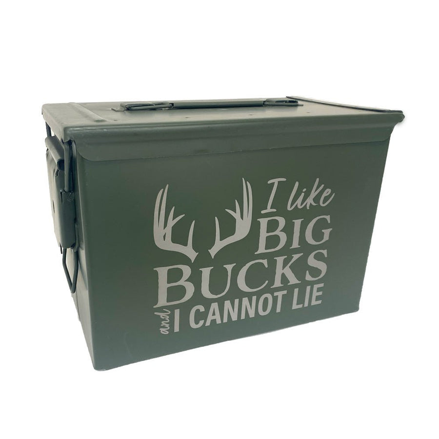 Laser Engraved - I LIKE BIG BUCKS - Used Grade 1 Ammo Cans with or w/o Lock Kit - Choose from 30cal, 50 Cal or FAT 50 Cal - ATOM Promotions