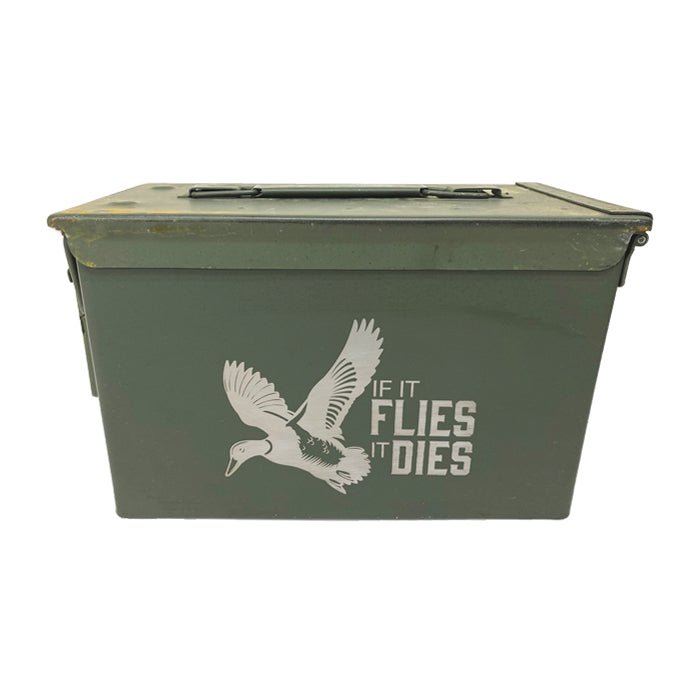 Laser Engraved - IF IT FLIES IT DIES - Used Grade 1 Ammo Cans with or w/o Lock Kit - Choose from 30cal, 50 Cal or FAT 50 Cal - ATOM Promotions