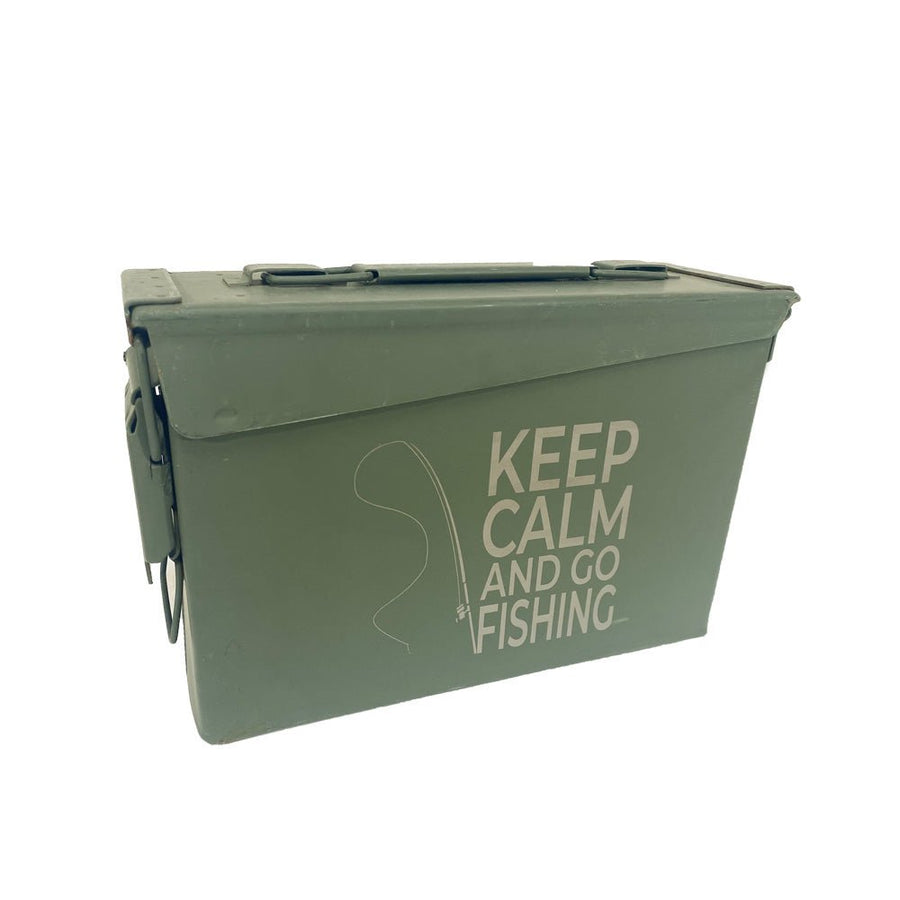 Laser Engraved - KEEP CALM AND GO FISHING - Used Grade 1 Ammo Cans with or w/o Lock Kit - Choose from 30cal, 50 Cal or FAT 50 Cal - ATOM Promotions