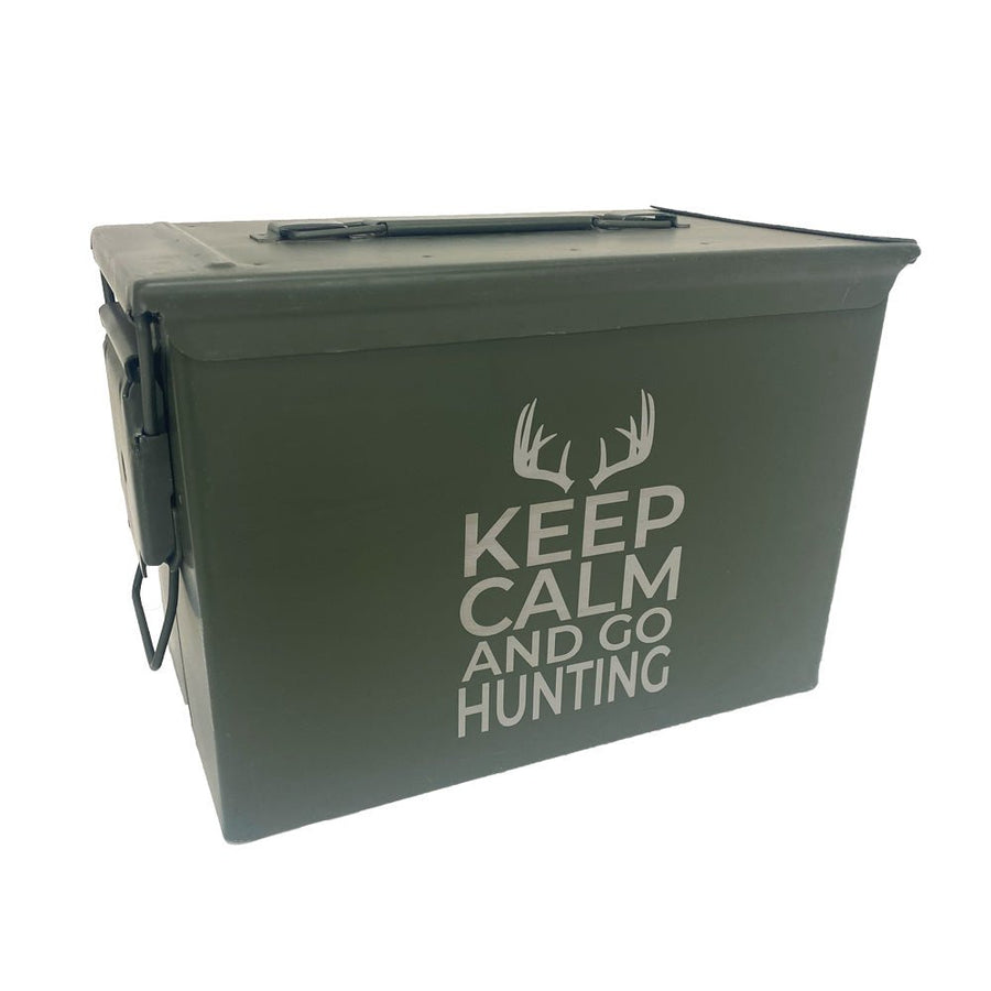 Laser Engraved - KEEP CALM AND GO HUNTING - Used Grade 1 Ammo Cans with or w/o Lock Kit - Choose from 30cal, 50 Cal or FAT 50 Cal - ATOM Promotions