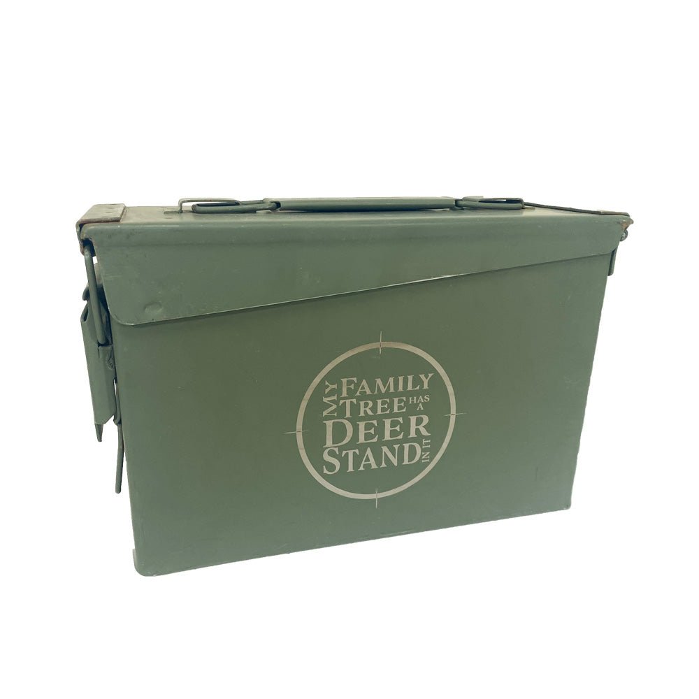 Laser Engraved - MY FAMILY TREE HAS A DEER STAND IN IT - Used Grade 1 Ammo Cans with or w/o Lock Kit - Choose from 30cal, 50 Cal or FAT 50 Cal - ATOM Promotions