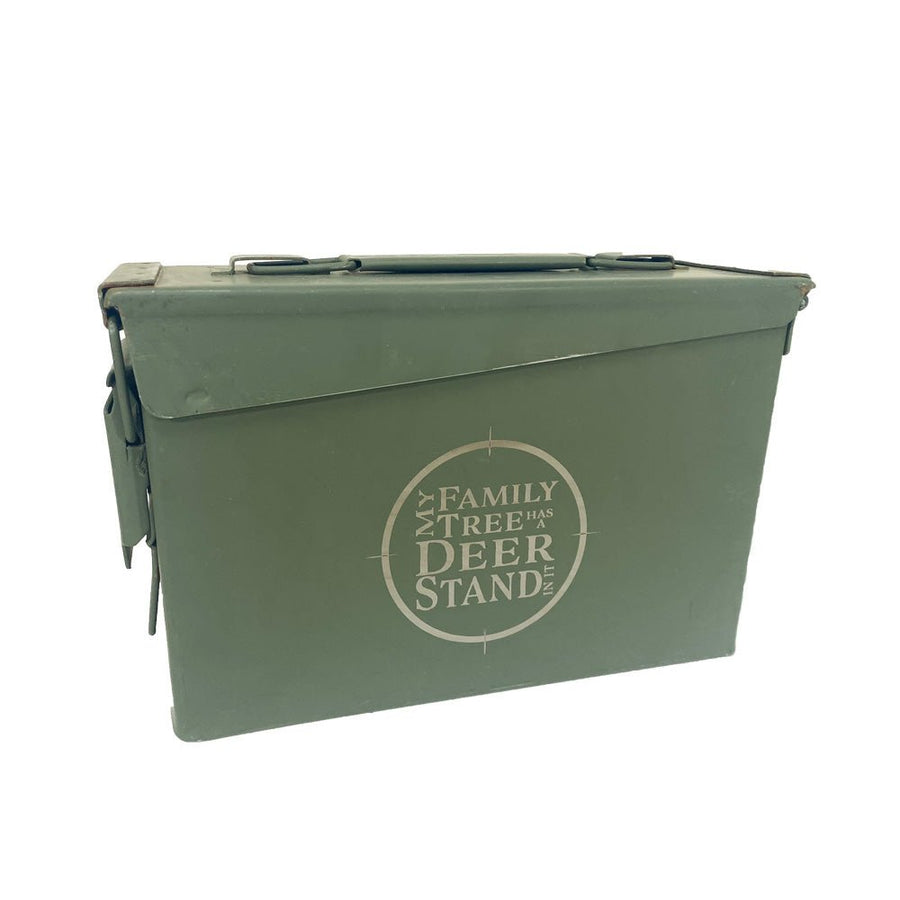 Laser Engraved - MY FAMILY TREE HAS A DEER STAND IN IT - Used Grade 1 Ammo Cans with or w/o Lock Kit - Choose from 30cal, 50 Cal or FAT 50 Cal - ATOM Promotions