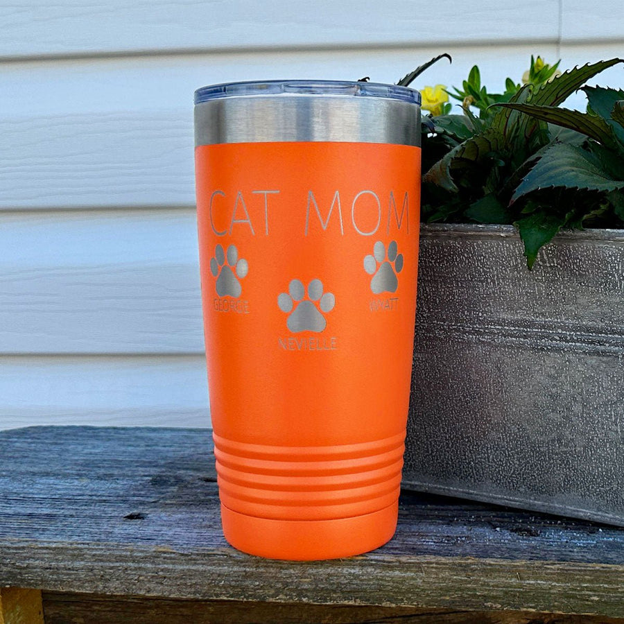 Personalized Laser Engraved - CAT MOM & PETS [NAMES] - 20 oz. Tumbler - 17 Colors! - ATOM Promotions